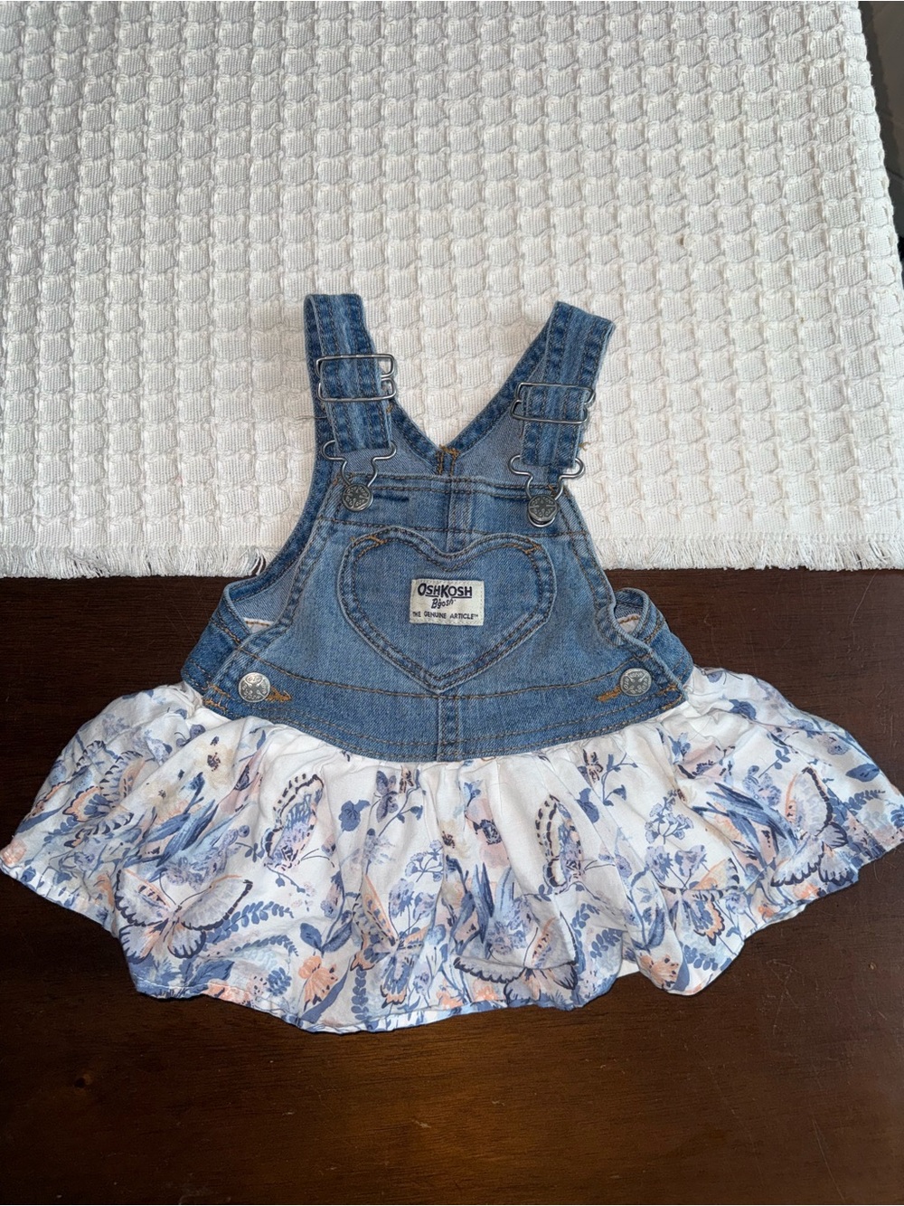 OshKosh B'gosh Blue Denim Heart Overall Dress with Floral Skirt